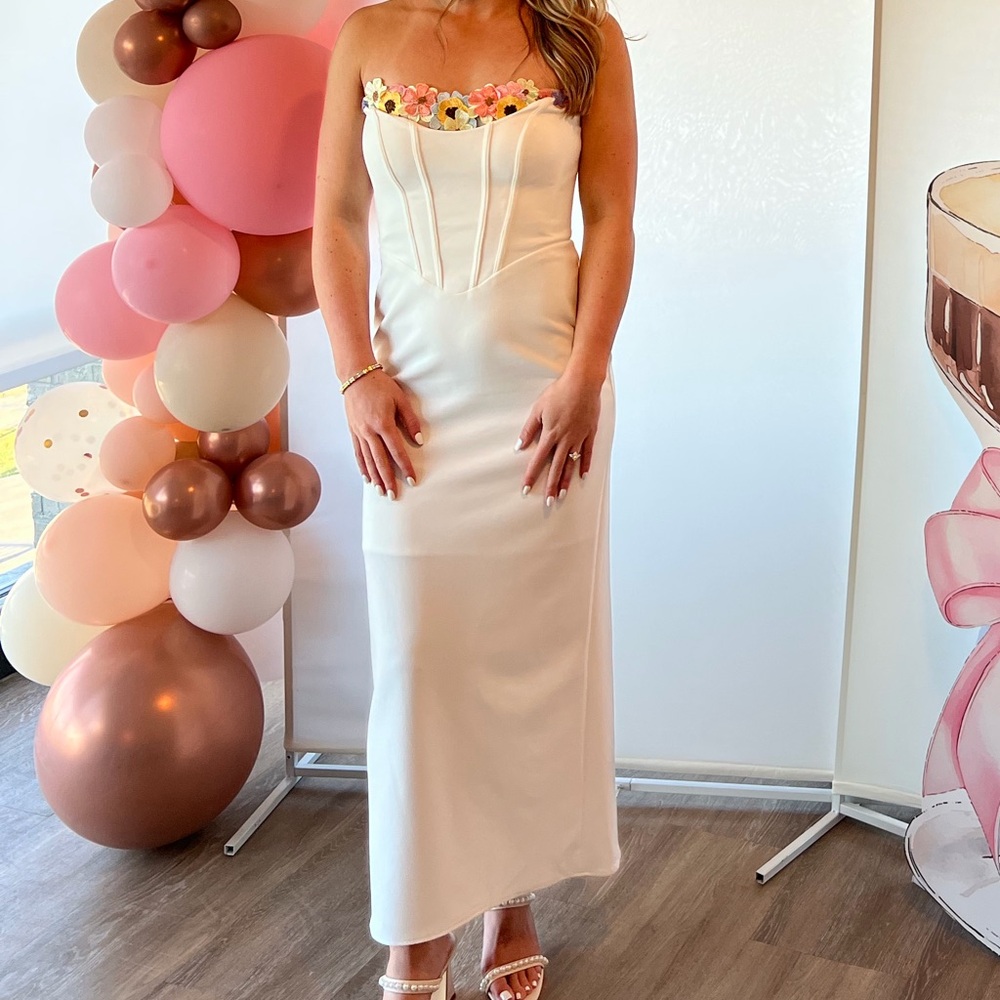 Azazie Strapless White Dress with Pastel Floral Trim - Picture 2 of 3